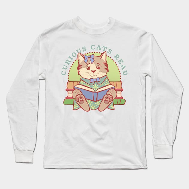 Curious Cats Read Girl Long Sleeve T-Shirt by Sue Cervenka